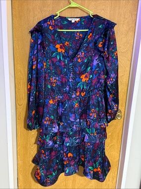 The Pioneer Woman Navy Floral Tiered Ruffle Dress with Orange & Purple Flowers